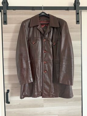 Vintage 1970s Sears The Men's Store Brown Leather Trench Coat w/ Quilted Lining